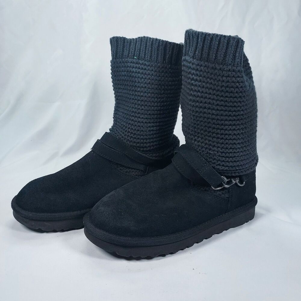 UGG Classic Womens Black Suede Knit Cuff Mid Calf Winter Boots Cozy Casual